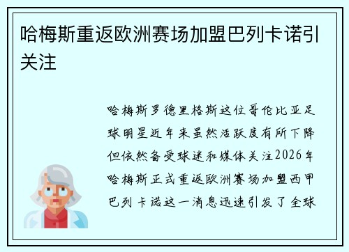 哈梅斯重返欧洲赛场加盟巴列卡诺引关注